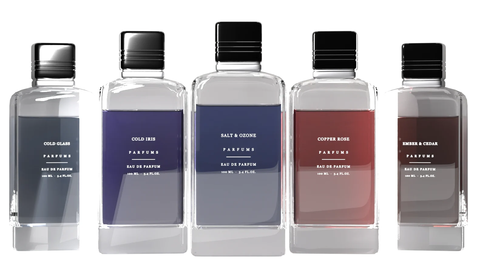 Five AURYX bottles from the collection, left to right: Cold Glass, Cold Iris, Salt & Ozone, Copper Rose, Ember & Cedar