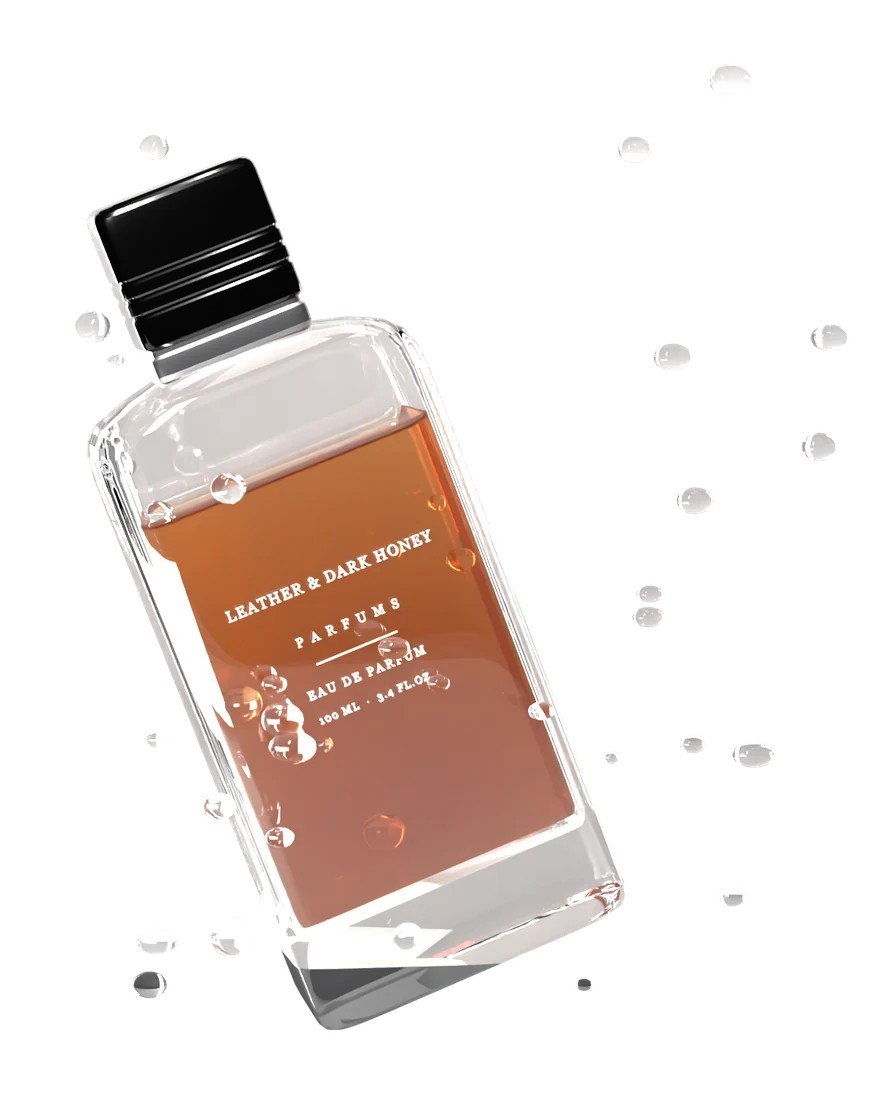 Leather & Dark Honey bottle with water droplets